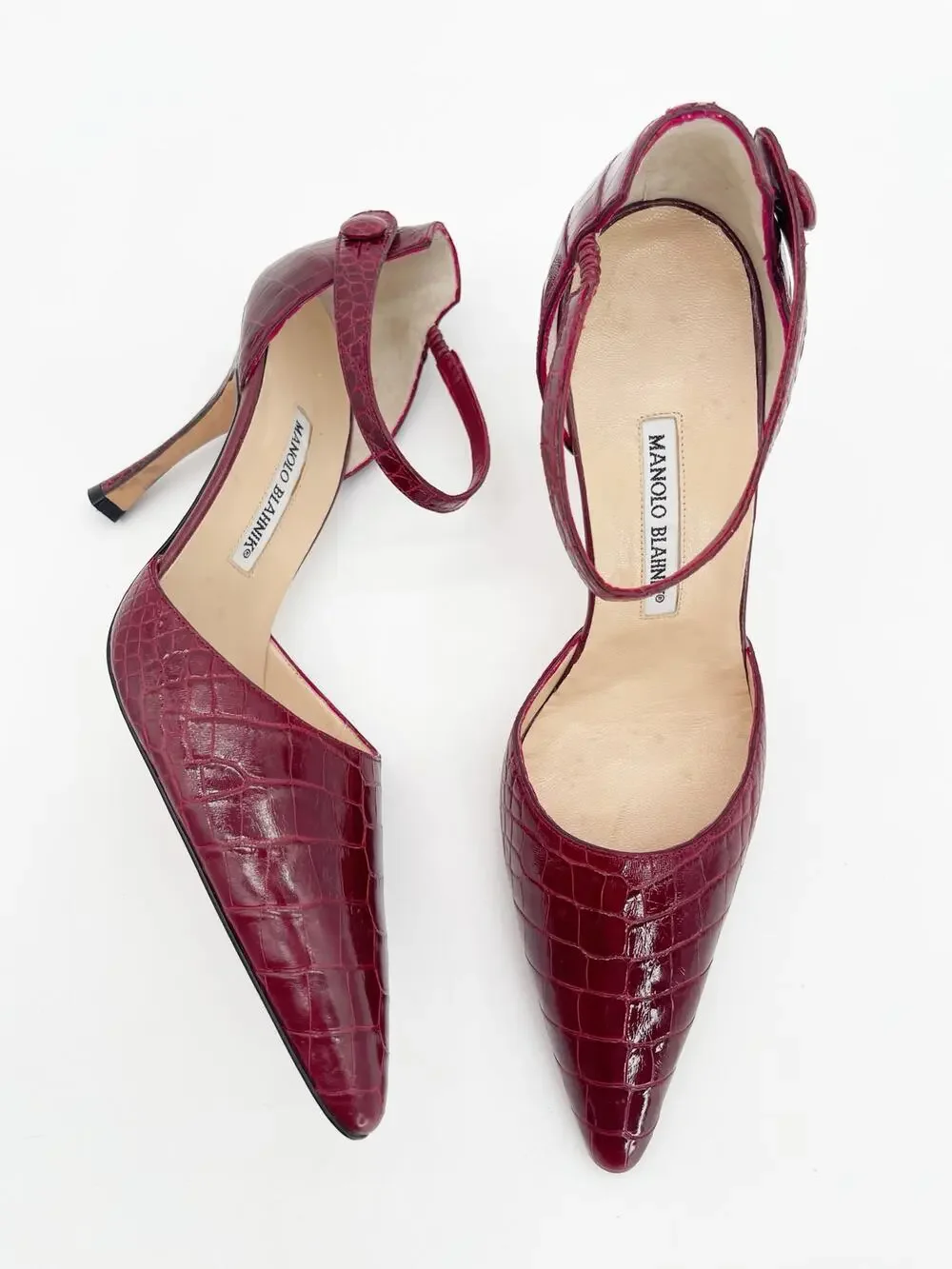 Manolo Blahnik Vintage Burgundy Exotic Alligator Leather Ankle Strap Heels IT 40